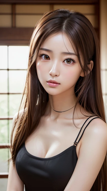 (masterpiece:1.3), (Photorealistic, RAW Photos, Highest quality: 1.4), Skinny Japanese woman, 23 years old, (One Girl), (A vivid face), Detailed face, Detailed eye resolution, (Brown hair, Fluttering Hair、Show your forehead、Long Hair:1.3), (Realistic Skin), (Black camisole), Ultra-high resolution, Surreal, High definition, Remove the shoulder straps