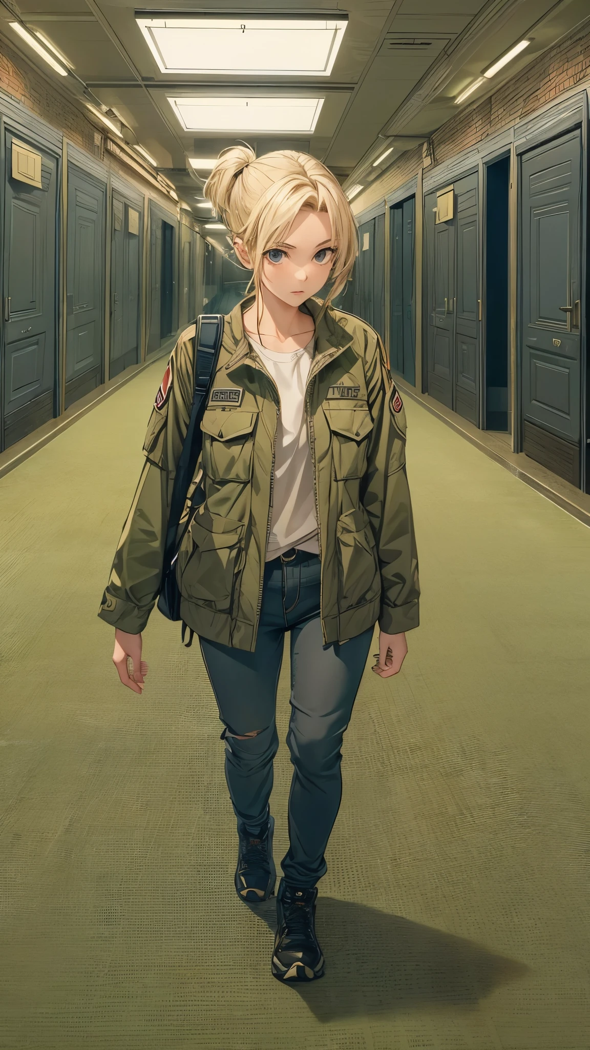 ((Inside the complicated room,dim rooms,)),one woman,20 years old woman,she’s wearing army style clothes,short blonde hair,she’s walking the corridor