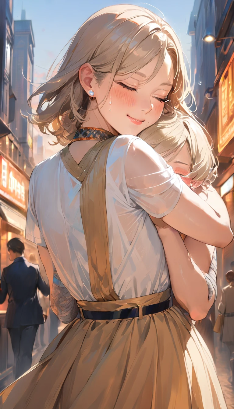 1lady hugging a person, (wrapping arm around back), (stylish outfit), mature female, /(light brown hair/), blush happy smile (eyes lightly closed:1.1), ((quiet tears:1.1) of joy) (tears on cheek) white line, (masterpiece best quality:1.2) delicate illustration ultra-detailed BREAK (back of person), (back of head) BREAK /(ordinary street/) outdoors, cityscape, at dusk, detailed background