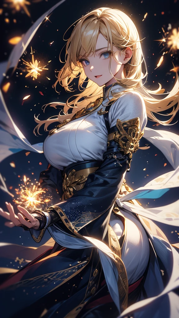 masterpiece, high quality, 4K, Beautiful design, silhouette,blonde, 非常に詳細な夜のStarry Sky,Cold ice world, wonderful, Finer details, Very knowledgeable woman, Highly detailed solo, 1 female,Big Breasts,Butt Emphasis,High-neck dress,No sleeve,Night view,Starry Sky,full moon,How to sit,firework,