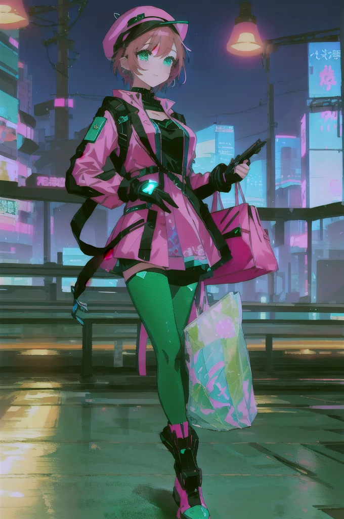 a woman in a pink dress and green teal tights, female cyberpunk anime girl, modern anime, cyberpunk outfit, anime cyberpunk art, holding pink bag, short hair, brown hair, pink and blue hat
