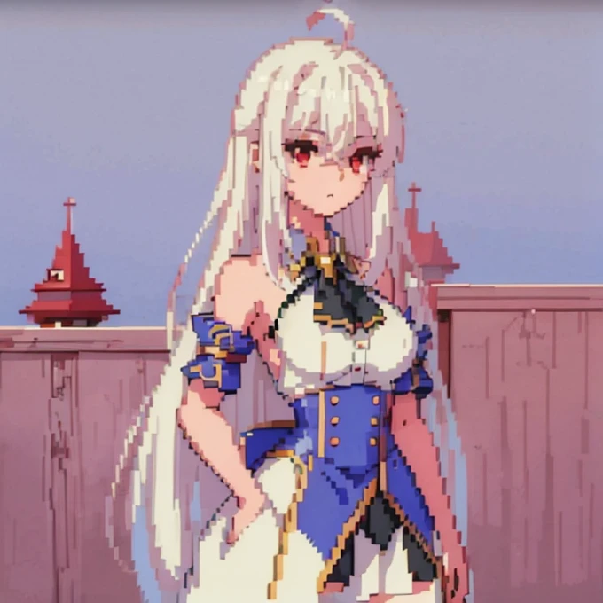 {ninym ralei}, beautiful girl, (White hair, Red eyes), look at the viewer, background of a kingdom with a beautiful red and white castle, Pixel art style, pixel art: 1.1, high quality, the highest quality possible, 16k, ultra definition, 