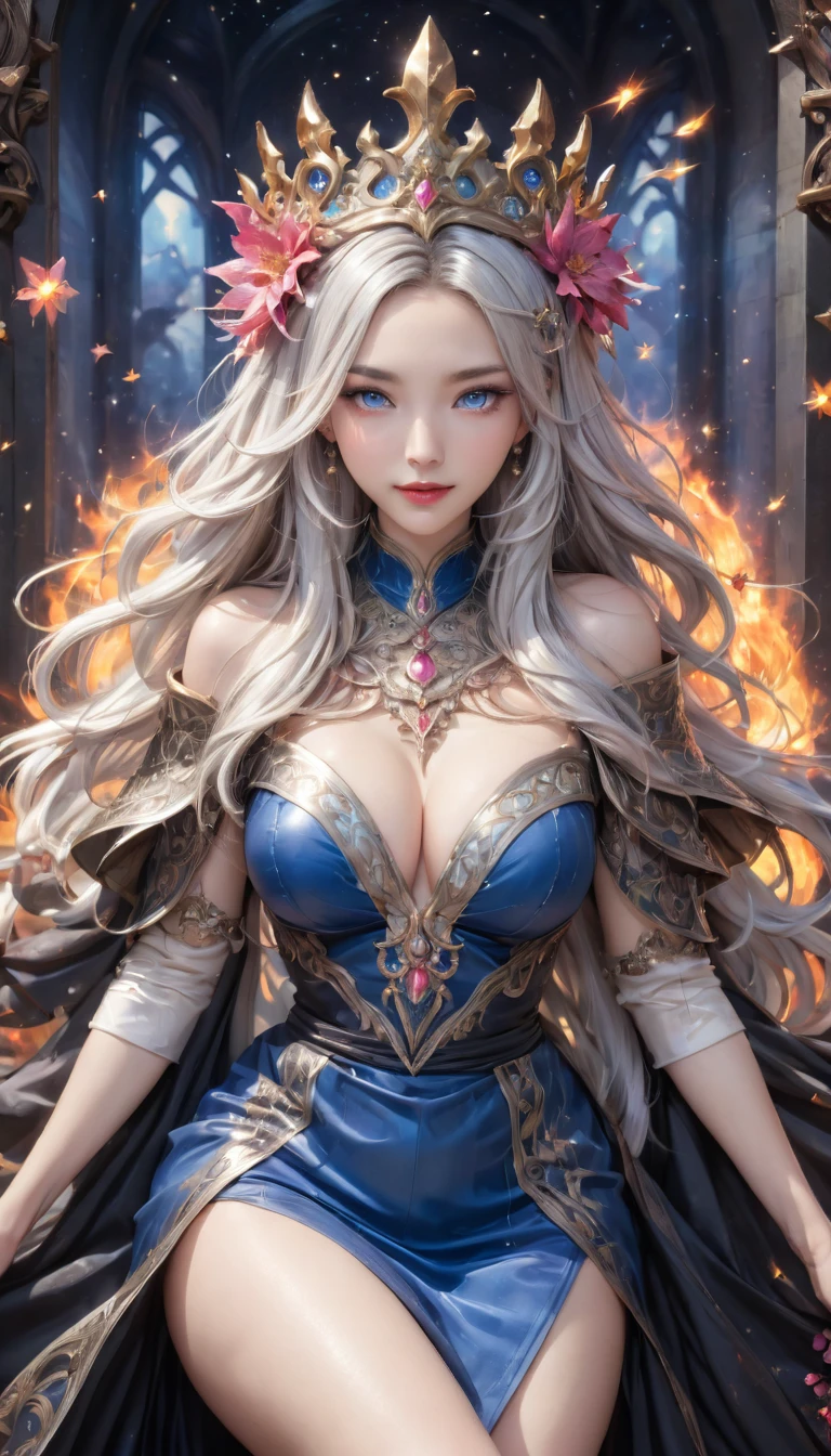 8K resolution, masterpiece, Highest quality, Award-winning works, unrealistic, From above, erotic, sole sexy lady, healthy shaped body, 22 years old, black mage, 165cm tall, huge firm bouncing busts,, white silver long wavy hair, Detailed facial depictions, BREAK, Mysterious blue eyes, Standard nose, Eyeliner, pink lips, sexy long legs, Clear skin, holy knight, Gothic ruffle long dress, A dress with a complex structure, Seven-colored colorful dress, Clothed in flames, royal coat of arms, elegant, Very detailed, Delicate depiction of hair, miniature painting, Digital Painting, art station concept art, Smooth, Sharp focus, shape, art jam、Greg Rutkowski、Alphonse Mucha's、William Adolphe Bouguereau、art:Stephanie Law , Royal Jewel, nature, Symmetric, Greg Rutkowski, Charlie Bowwater, Unreal, surreal, Dynamic Lighting, Fantasy art, Complex colors, Colorful magic circle, flash, dynamic sexy poses, A kind smile, Mysterious Background, Aura, A gentle gaze, BREAK, Small faint lights and flying fireflies, night, lanthanum, From above, looking down on the world below, Starry Sky, milky way, nebula, shooting star、squat、M-shaped legs