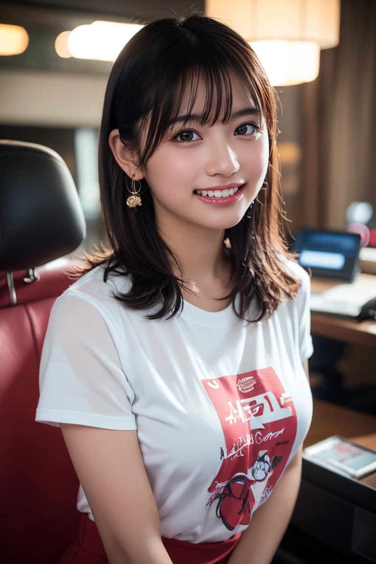 (8k, RAW Photos,Highest quality, High resolution:1.1), (Ultra-realistic:1.4),(Realistic, Realistic:1.3), big,Realistic Face,Realistic Body,Realistic Skin,masterpiece,(cute:1.8), Cuties, alone, (big:1.2), Fine black eyes,Innocent eyes,(T-Shirts:1.2 ),Cinema Lighting,Film Grain,jewelry,Earrings,((Medium Hair:1.1)),Cherry colored lips,Hair Ribbon,ponytail,close,Viewer,Long Hair,Upper Body,Open your lips,Upper teeth, (Smiling Eyes:0.6),((Grin:1.2)), Blurred Background, Eye focus , Bokeh,young, 85mm lens, young,Portraiture,Photon Mapping,Radio City,Physically Based Rendering,Asian,China dress