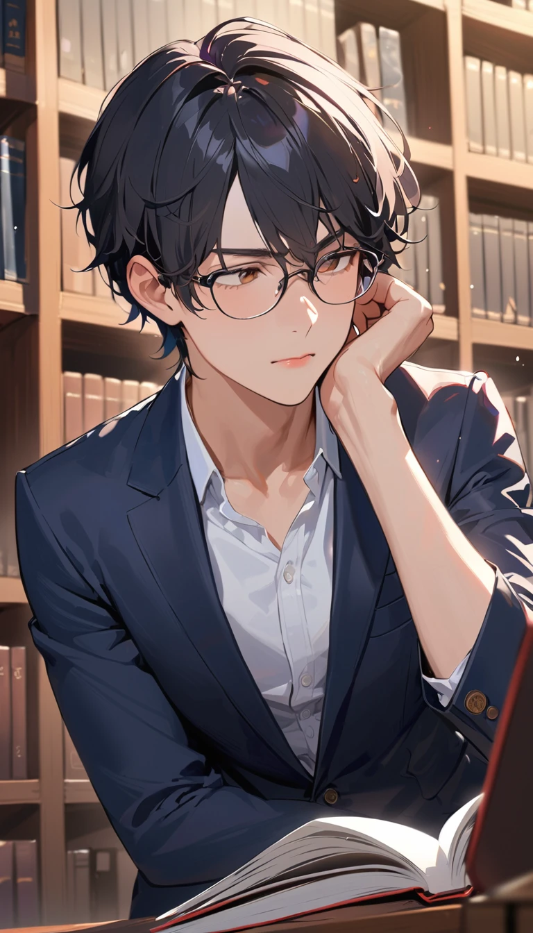 super detail, best quality,18 years old, a handsome boy, Black Hair, Short Hair,Glasses Blazer, high school student,Introvert,In the library