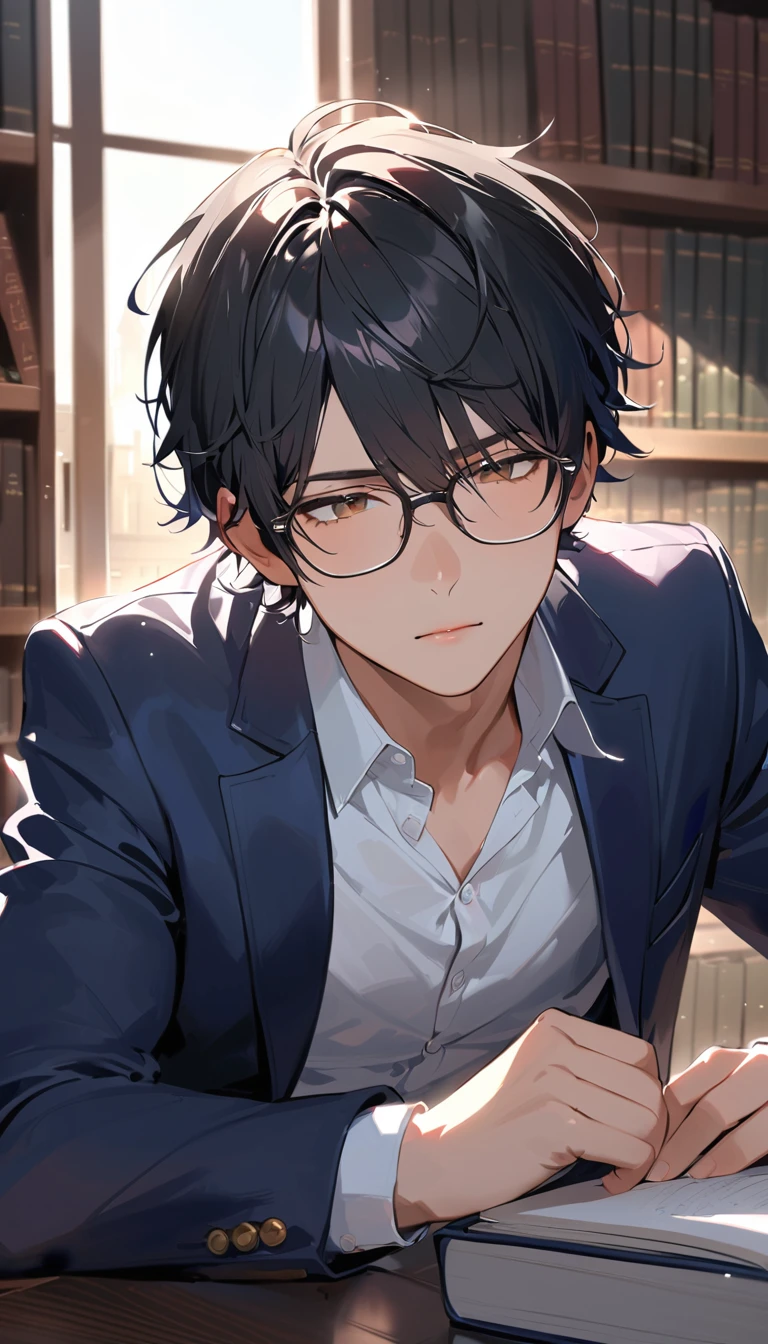 super detail, best quality,18 years old, a handsome boy, Black Hair, Short Hair,Glasses Blazer, high school student,Introvert,In the library