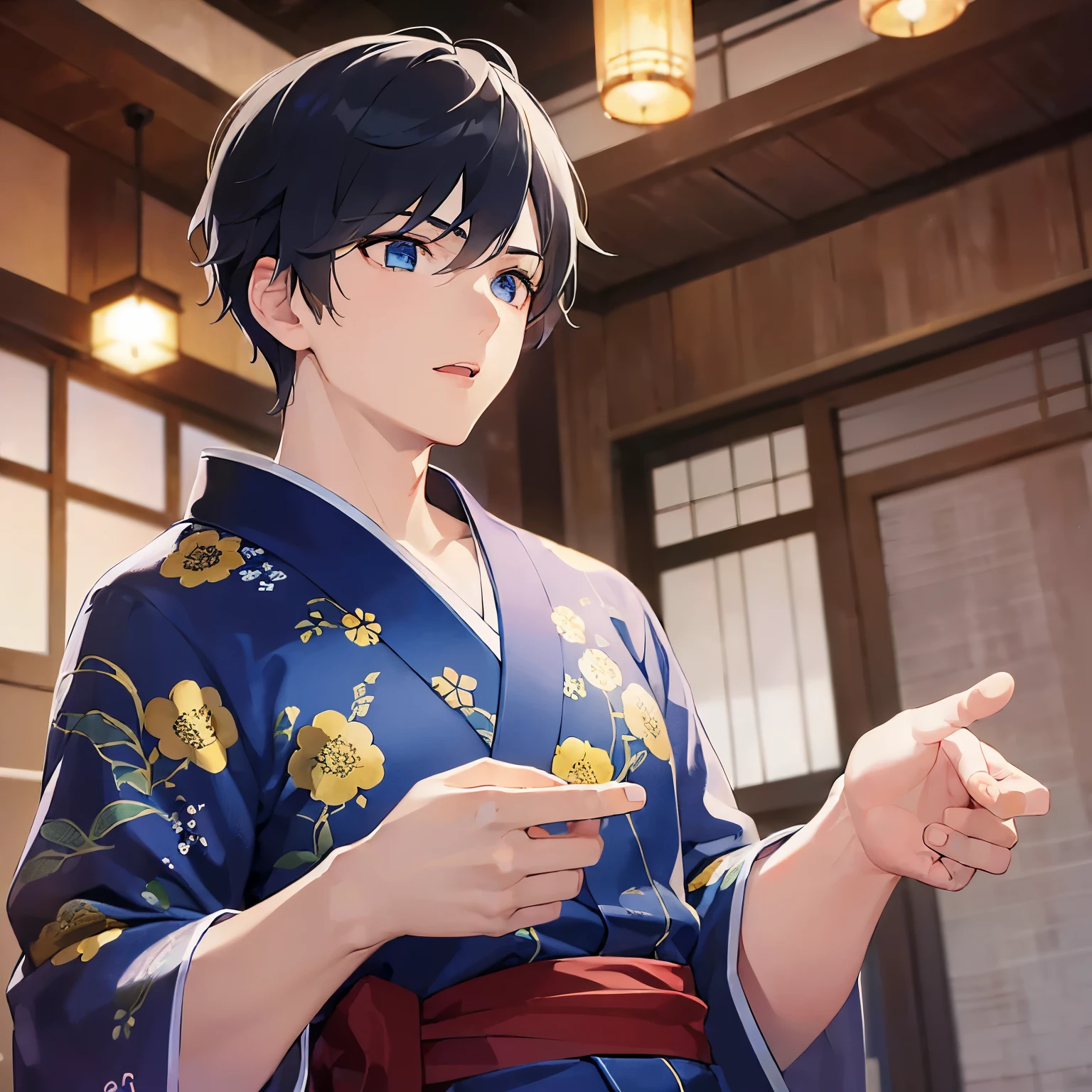 (25-year-old male:1.5) and(Black short hair) and (blue eyes),  (looking away:1.5), upper body、reach out、Shooting from below、
masterpiece、Highest quality、
(Blue) and (yukata),(Serious:1.5),open mouth,The background is a Japanese-style corridor at night,