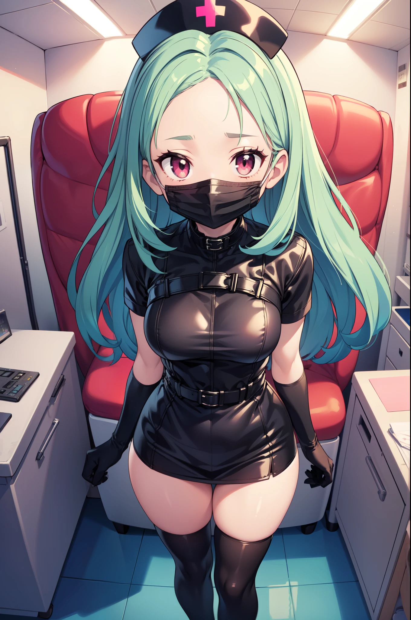 black nurse, 1woman, solo, black nurse cap, black nurse uniform, ((black legwear, zettai ryouiki)), black elbow gloves, forehead, long hair, green hair, pink eyes, ((black surgical mask, covered nose)), standing, ((surgery room)), sharp outline, short sleeves, mature female, 35 years old, best quality, masterpiece