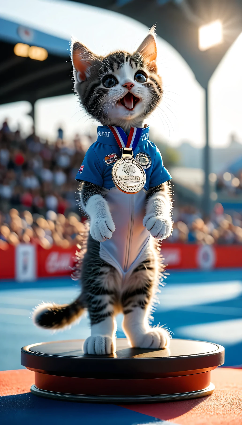 ((8k)), highest quality, 超High resolution, (High resolution), Kitten standing on the podium,Awarded,Biting the silver medal, Loud cheers from the audience, Athletics Stadium
