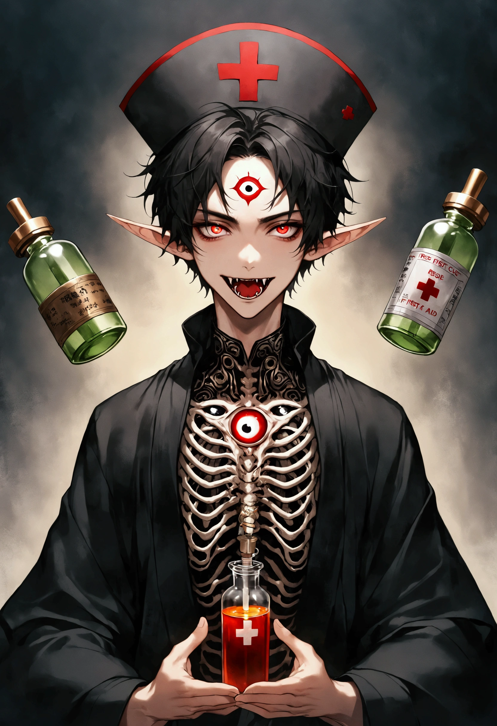 (((1 boy,short hair,solo,The third eye on the forehead,Elf ears,Fangs))),(((robe:1.6,Eye,Dark Pattern))).(((Nurse hat,Infusion bottle medical equipment,Rescue,first aid))),whole body,Death Stare Background。Body Movements