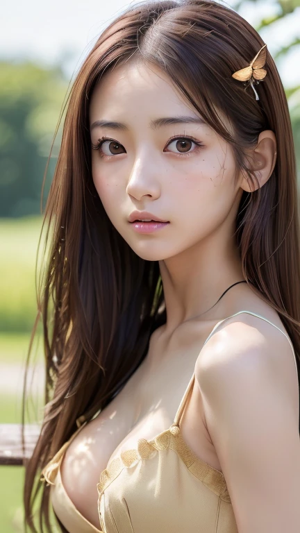 (masterpiece:1.3), (Photorealistic, RAW Photos, Highest quality: 1.4), Skinny Japanese woman, 23 years old, (One Girl), (A vivid face), Detailed face, Detailed eye resolution, (Brown hair, Fluttering Hair、Show your forehead、Long Hair:1.3), (Realistic Skin), (Black camisole), Ultra-high resolution, Surreal, High definition, freckles、Small breasts、Cleavage