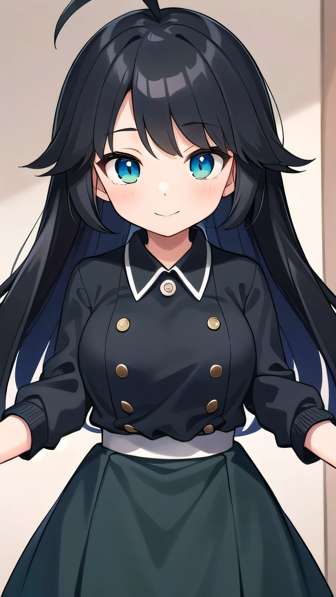 high schoolooks like an elementary school sty short:1.3), 140cm tall, bth a slight green tinge, short ahoge, beautiful long hair but with a little hair sticking out, beautiful round eyes, blue eyes, smile, boyish, long sleeves , thick clothes, skirt, big breasts, hair longer than waist, long hair, young face, dark greenish black hair, gentle smile, a little shy, skirt is black, hair is black but has a slight green tinge, boyish and gentle smile I have.