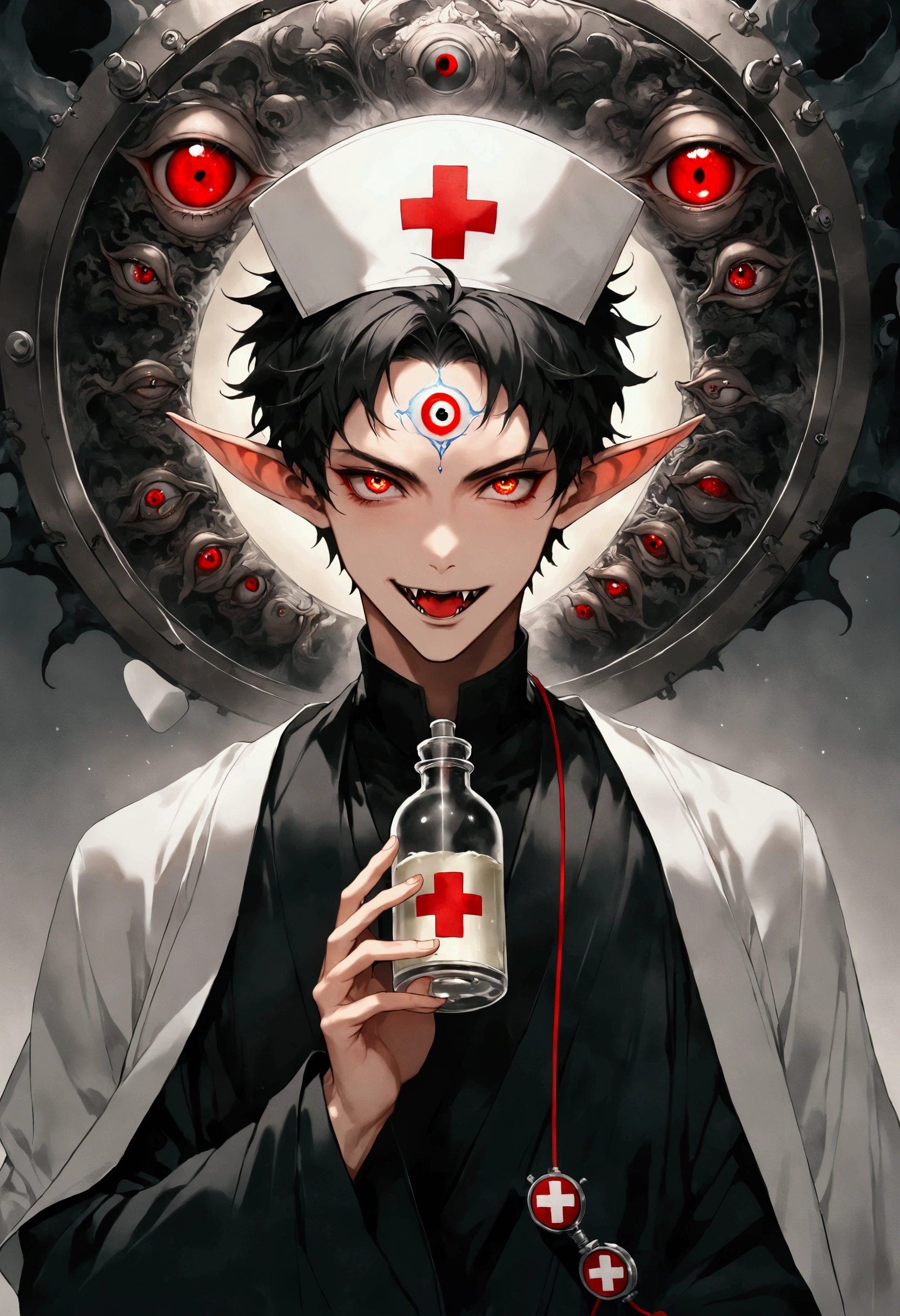 (((1 boy，short hair，solo，The third eye on the forehead，Elf ears，Fangs))),(((robe：1.6，Eye，Dark Pattern))).(((Nurse hat，Infusion bottle medical equipment，Rescue，first aid)))，whole body，Death Stare Background。Body Movements