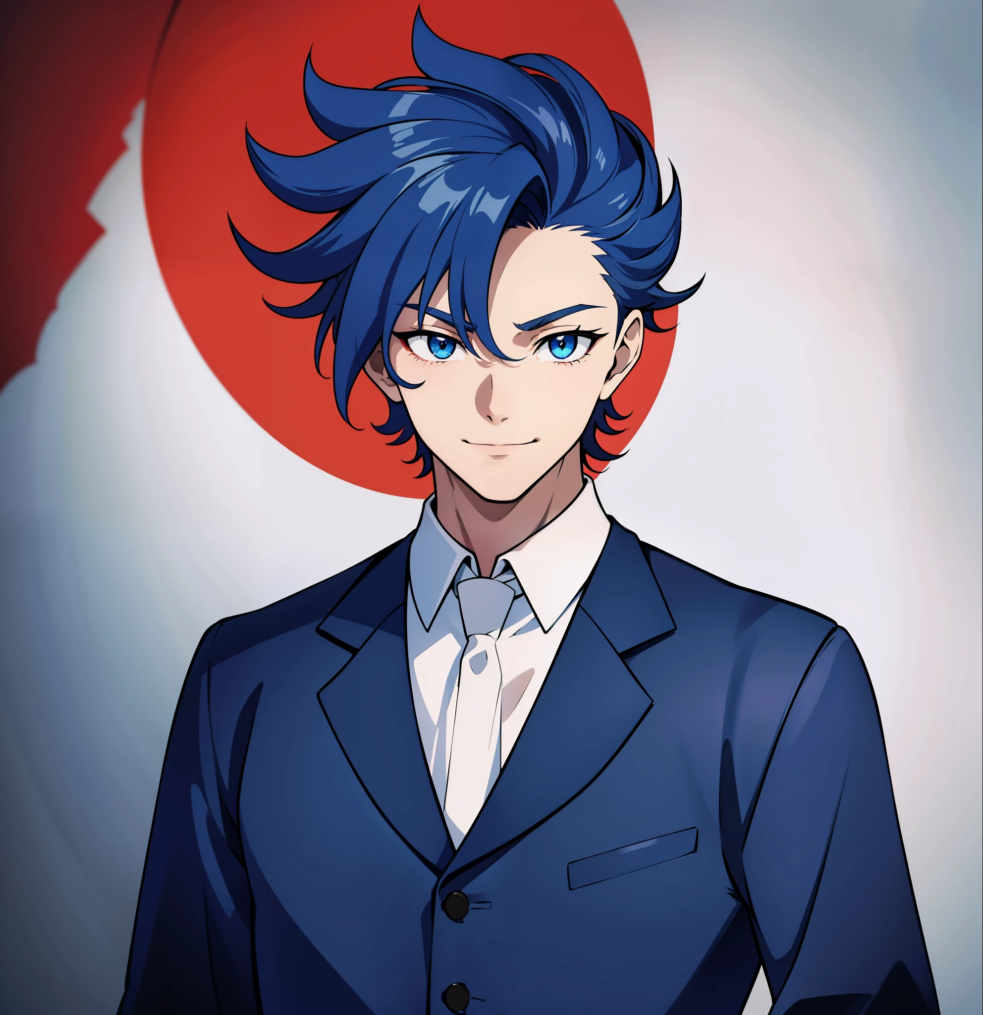 anime boy, smiling, happy, holding glass, dark blue hair, blue eyes, red clothes, (beautiful and aesthetic:1. 5), thick black lineart, clean lineart, perfect lineart, moody lighting, gritty, intense, sharp lineart, best quality, high quality, best quality, ultra-detailed, saturated colours, HD,