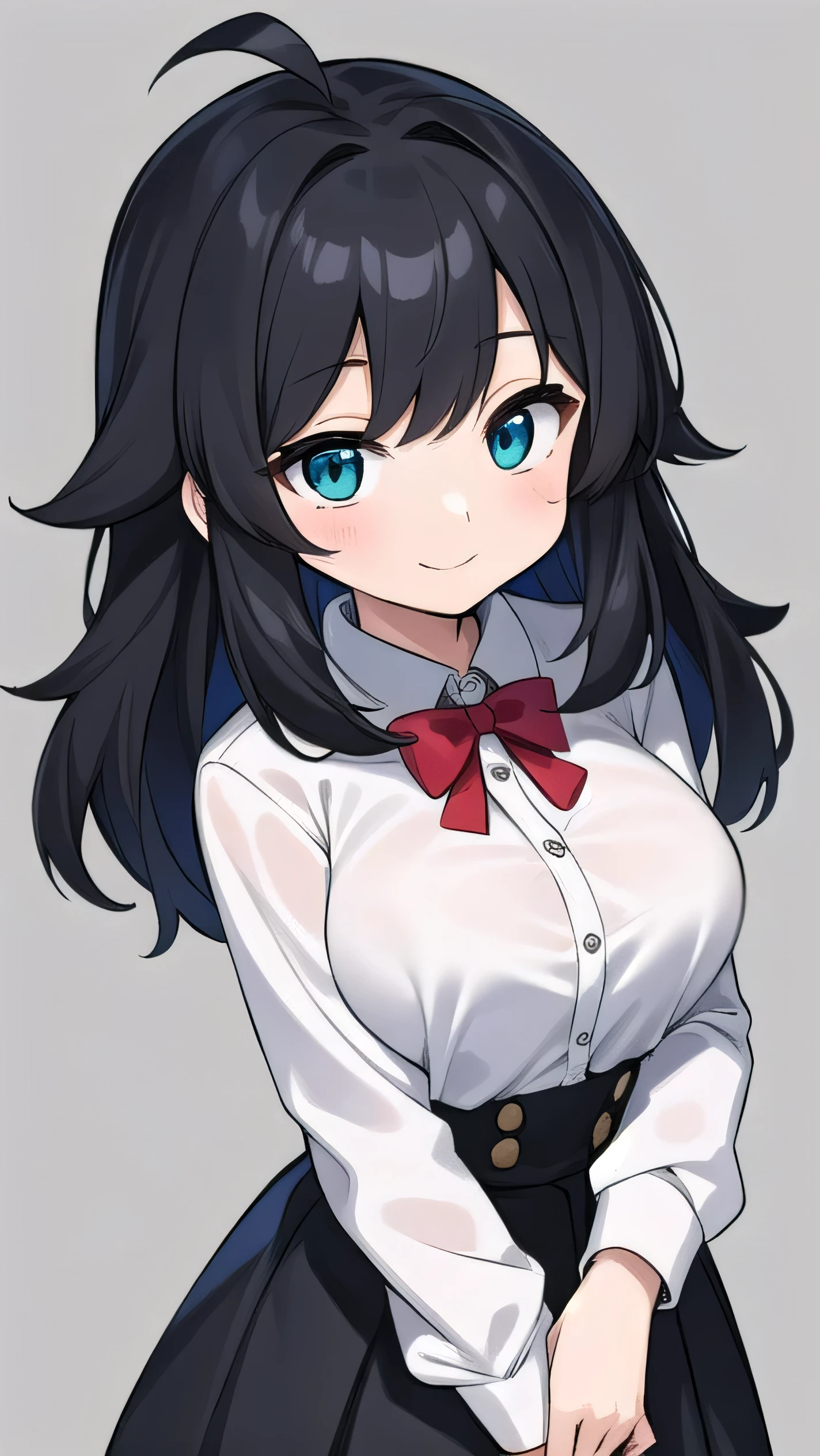 Junior high school student who looks like an elementary school student, 14 years old, (very short:1.3), 140cm tall, black hair with a slight green tinge, short ahoge, beautiful long hair but with a little hair sticking out, beautiful round eyes, blue eyes, smile, boyish, long sleeves , thick clothes, skirt, big breasts, hair longer than waist, long hair, young face, dark greenish black hair, gentle smile, a little shy, skirt is black, hair is black but has a slight green tinge, boyish and gentle smile I have.
