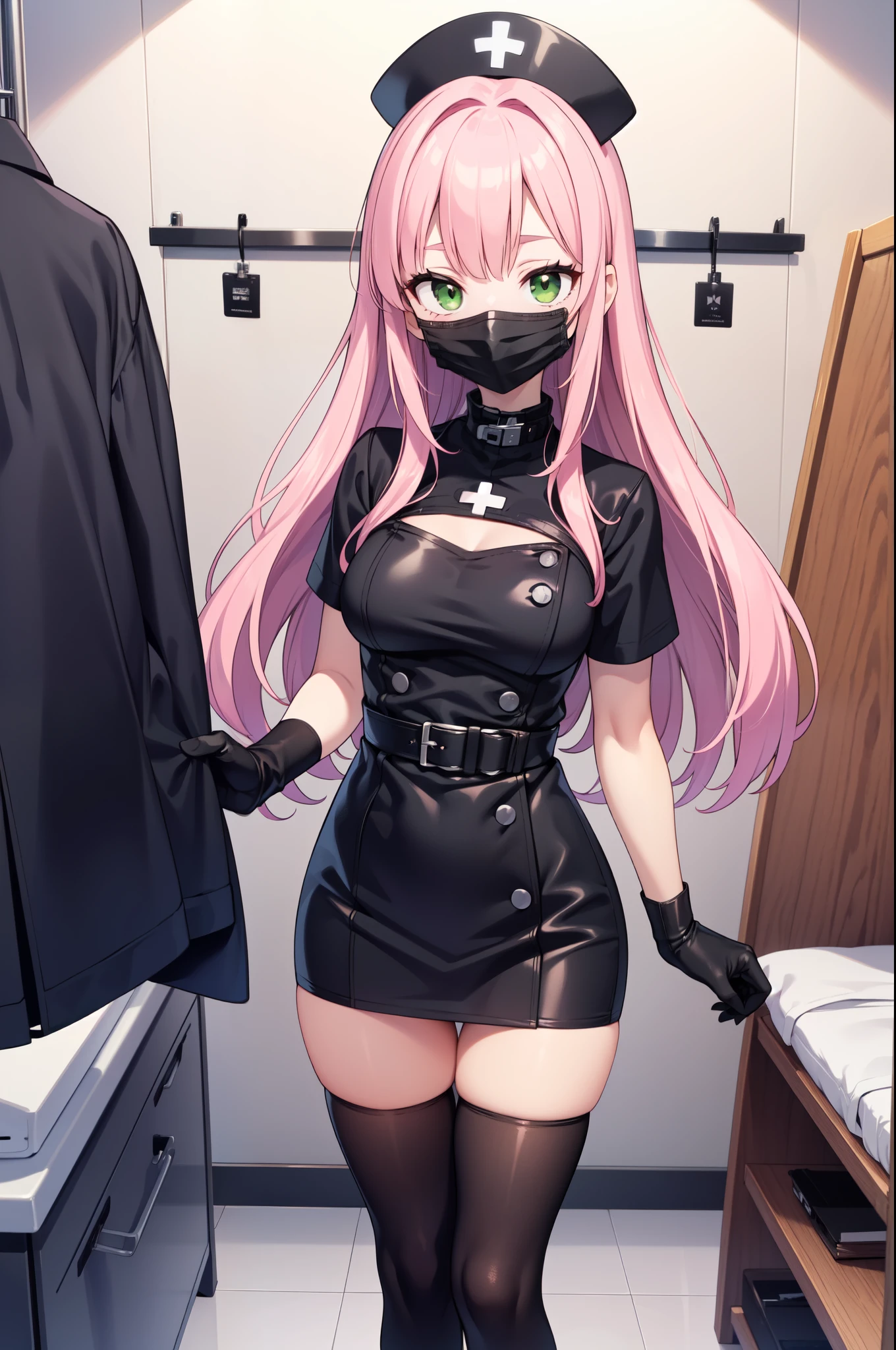 black nurse, 1woman, solo, black nurse cap, black nurse uniform, ((black legwear, zettai ryouiki)), black elbow gloves, pink hair, green eyes, drooping eyes, ((black surgical mask, covered nose)), standing, ((surgery room)), sharp outline, short sleeves, mature female, 32 years old, best quality, masterpiece