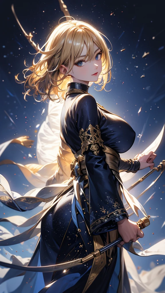 masterpiece, high quality, 4K, Beautiful design, silhouette,blonde, 非常に詳細な夜のStarry Sky,Cold ice world, wonderful, Finer details, Very knowledgeable woman, Highly detailed solo, 1 female,Big Breasts,Butt Emphasis,High-neck dress,No sleeve,Night view,Starry Sky,full moon,firework,