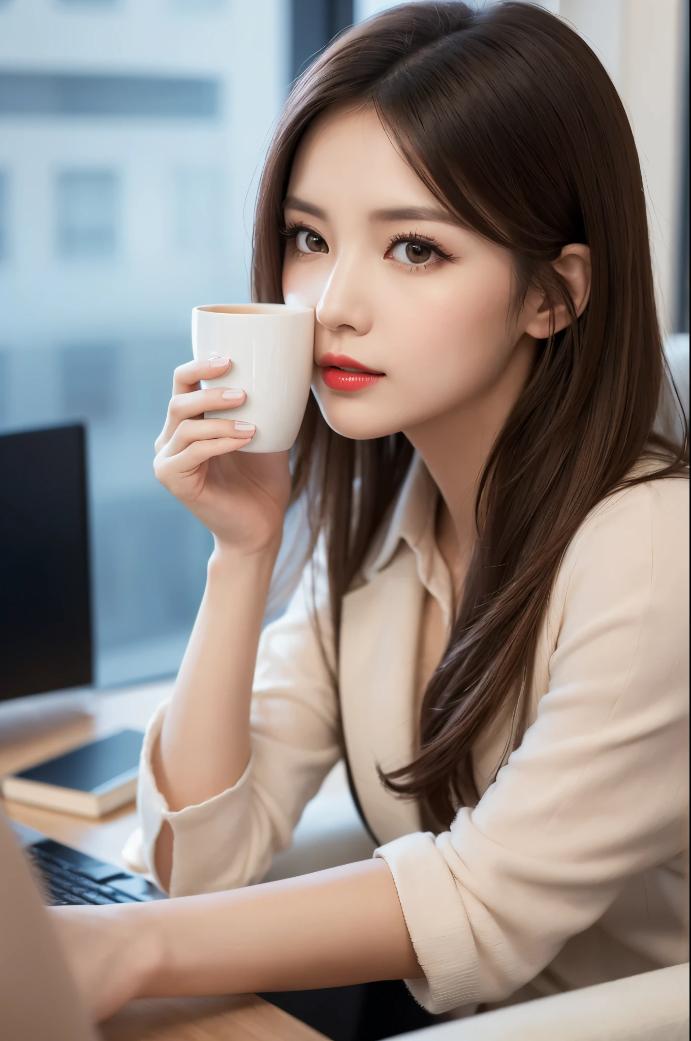 (8k, Ultra-high resolution, The best masterpiece, best quality:1.2), Very detailed, Complete Solution, (actual, actual photo: 1.37), portrait, Half Body, focus on eyes, HD RAW photos, career arrest, High quality and beautiful, 超高清 8k 影像照片, Volumetric lighting, Soft Light, confess, Professional photography, Very detailed的美麗女孩, Super delicate face shape, Contoured eyes, (Very detailed eyes), Precisely shaped nose, expressive lips, Delicate skin, (HD Skin:1.2), Neatly contoured fingers, Every feature is carefully displayed, a story, (20:1.2), Twenty generations, cute girl, young mother, Beautiful mature lady, brown hair, long, straight hair, sparkling amber eyes, red lips, Eye makeup, sit down, Secretary in the office, luxury sofa, Take the cup, Standard office clothing, Women&#39;s suits and skirts, pantyhose and high heels, Modern office interior, perfect ???????, Detailed background, HD background without blur, particle, actual, stunning details, 8k Ultra HD, high quality, CG unity, C4D Rendering, 3D Rendering 