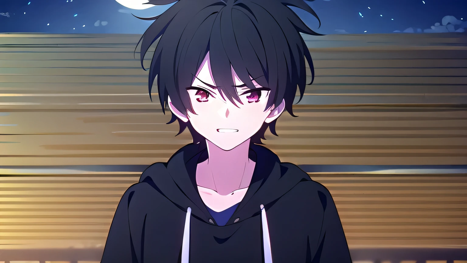  skinny, femboy, solo, 1boy, man, male A gloomy appearance,innocent smile,very short hair, short cut hair, black hair, red eyes,messy hair, bangs, messy bangs, cowlick, black hoodie, upper body, theme dark, night, moonlight