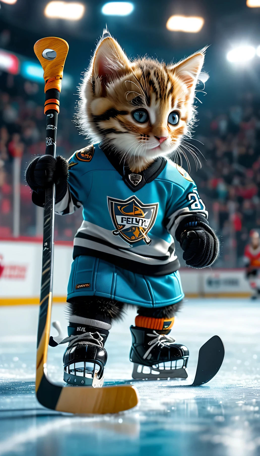 ((8k)), highest quality, 超High resolution, (High resolution), A kitten is wearing hockey wear, Playing hockey, Hockey rink, Hockey Goal, Loud cheers from the audience