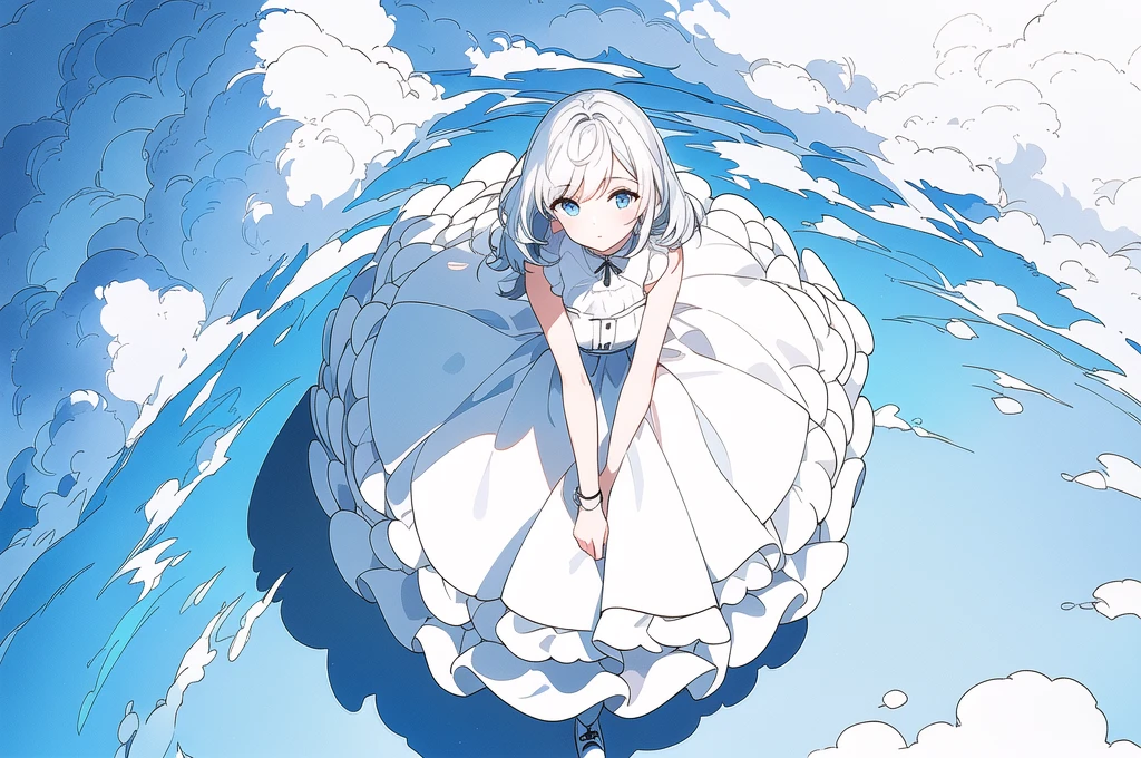 masterpiece,(best quality),(1girl) ,solo,(high contrast:1.2),(high saturation:1.2), ((hands on the pocket)),((black and white sdress)),looking at viewer,((white and light blue theme:1.3)),((white and light blue background:1.5)),white hair,blue eyes,((walking:1.3)),full body,black footwear,((the light blue water on sky and white cloud and day)),((from above:1.2)),Ink painting