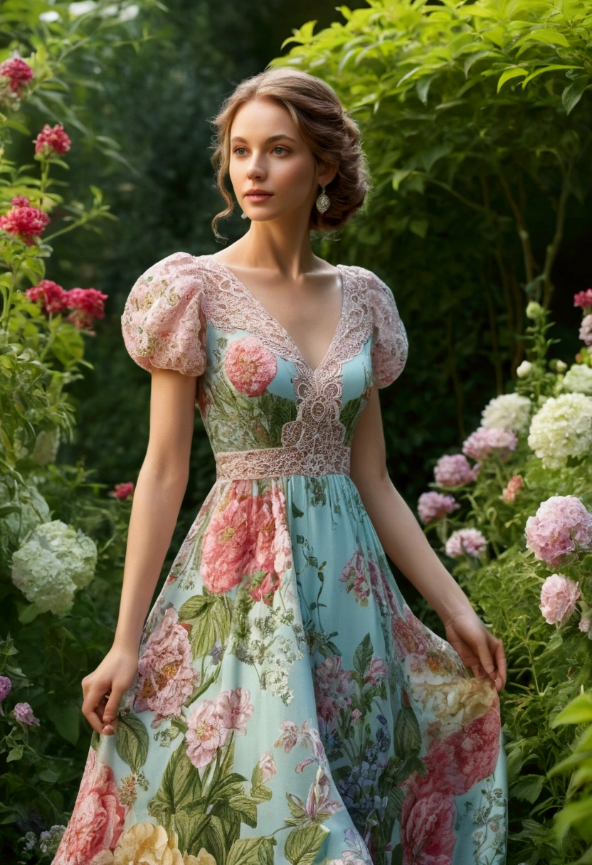 woman in a garden in beautiful summer dress very realistic