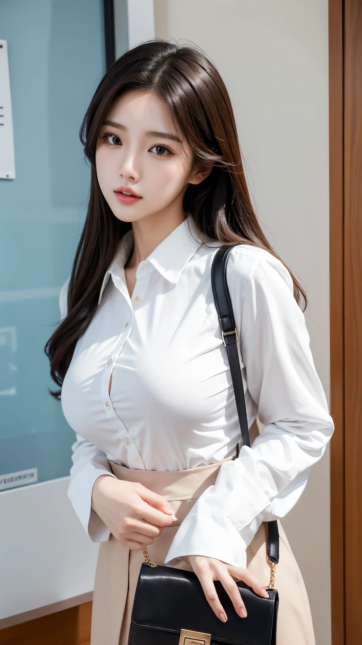 extreme close-up of beautiful beautiful korean female, 34 inch breasts size, wearing long sleeve shirt, holding mini bag, in front of the office,  cinematic scene, UHD 