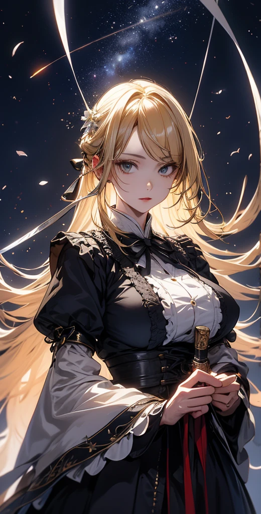 masterpiece, high quality, 4K, Beautiful design, silhouette，blonde， 非常に詳細な夜のStarry Sky,Flower Field， wonderful, Finer details,  Very knowledgeable woman, Highly detailed solo, 1 female,Big Breasts，Red Gothic Lolita Fashion，２Hold the blade of the sword in front of your chest.，Night view，Starry Sky，full moon，