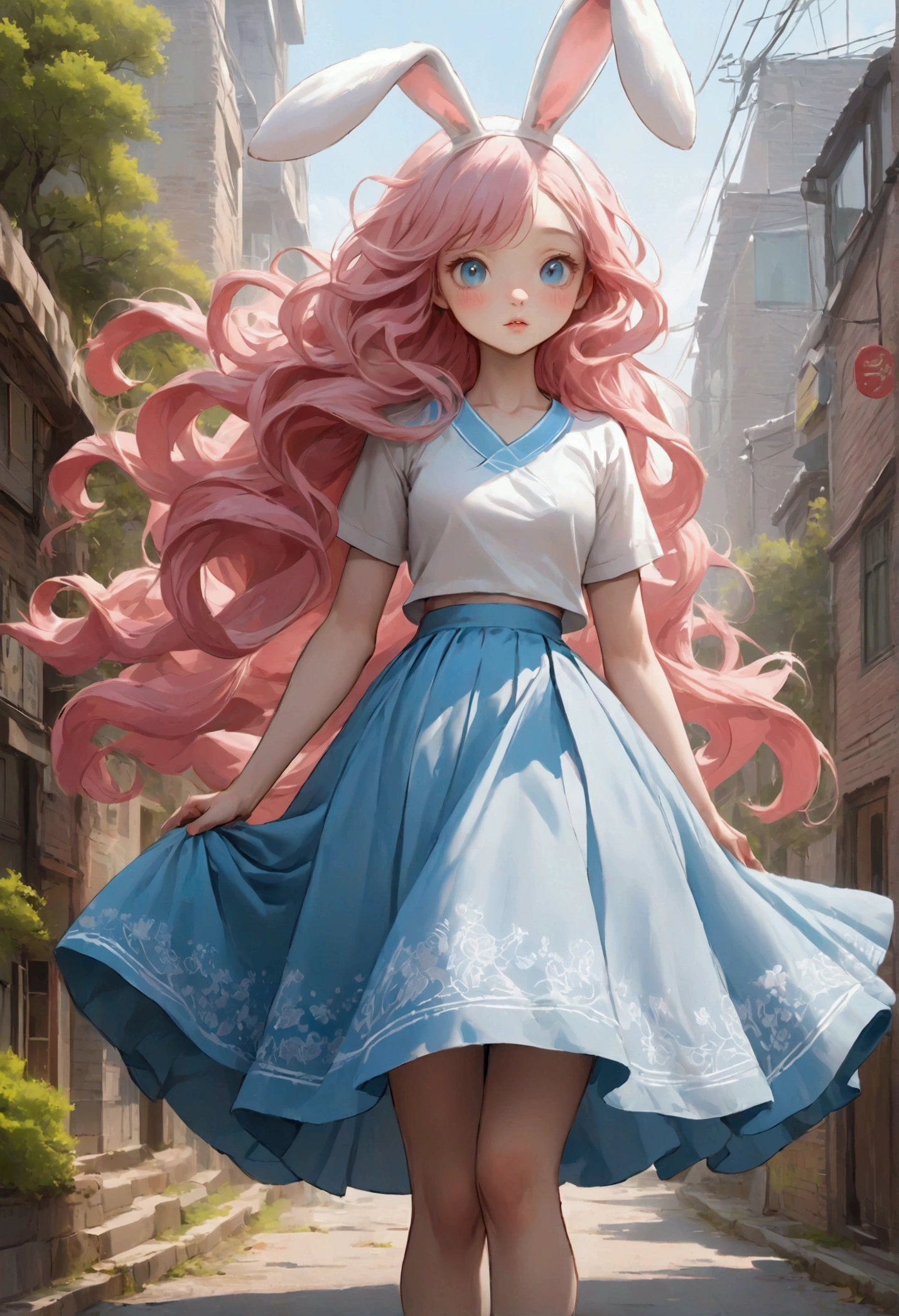 Full body. South Korean webcomic characters. She has long pink hair with big wavy perms, light blue eyes, fair skin, wearing a skirt, she looks docile. The only little rabbit in the north feels like a little squirrel. She looks delicate, but she's actually very decisive. I don't feel delicate. I move quickly. detailed textures to convey realism and depth, with an overall aesthetic similar to webcomic art