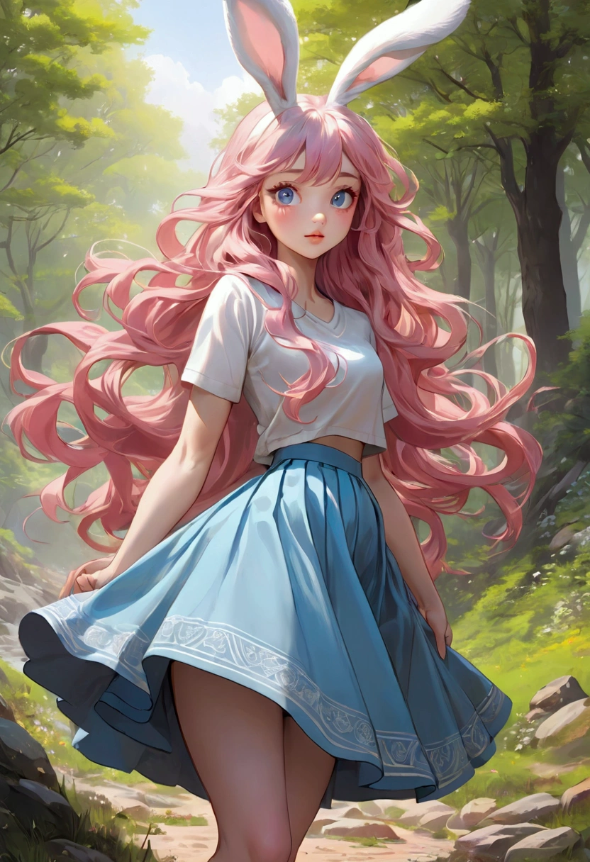 Full body. South Korean webcomic characters. She has long pink hair with big wavy perms, light blue eyes, fair skin, wearing a skirt, she looks docile. The only little rabbit in the north feels like a little squirrel. She looks delicate, but she's actually very decisive. I don't feel delicate. I move quickly. detailed textures to convey realism and depth, with an overall aesthetic similar to webcomic art