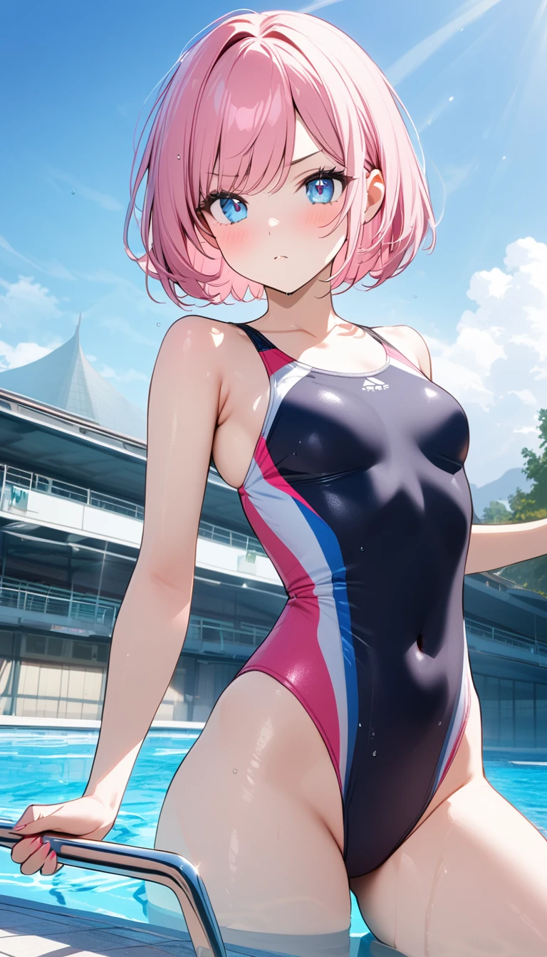(1 girl),(Best Picture Quality, 8K, Masterpiece:1.3), (high school student:1.5), ((pink lob hair:1.1)), (bob cut),(swept bangs), (cute eyes, pupil black, iris skyblue, youthful face), (mole under right eye), (standard weight), (small breasts),(big hip), (glistening skin:1.2),(pale skin:1.2),(serious:1.3),BREAK,((competition swimsuit)), ((swimming pool)),((Freestyle stroke)),(magnificent view),