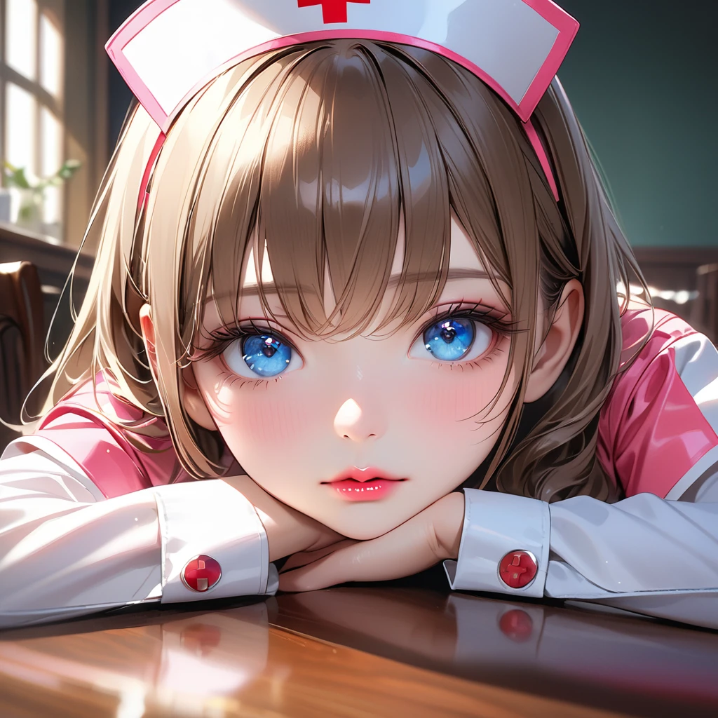 Highest quality, masterpiece, Ultra-high resolution, Realistic:1.2, RAW Photos, Intricate details, Portraiture, Big beautiful blue eyes:1.2, Perfect contours, Girl, break ((facing viewer, upturned eyes:1.2)), ((petite, short, tiny girl:1.2)), Brown Hair、Long Hair, (makeup:1.2, parted mouth, full lips:1.3, pink lips:1.2, shiny lips:1.2), ((Top-class nurse:1.2)), (High-end shiny nurse uniform), BREAK ((sitting on a table in the dining room with one's chin resting on one's hands))、((On the desk is ramen and a stethoscope)), ((The background is the hospital cafeteria.、Menu sticker))、