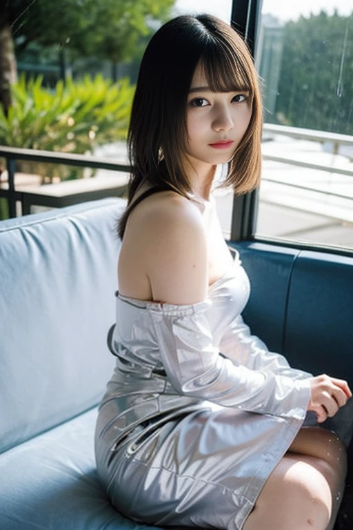 ((Best of the highest quality, 8k, Masterpiece, raw photo: 1.2)), (Sharp focus: 1.2), (1 AESPA, slim body type female, 21 y/o: 1.1), (solo: 1.28), (realistic, photo-realistic:1.37), cute face, finely eyes, (droopy eyes: 1.32), (Emphasize prominent aegyo-sal with bright: 1.2), shimmering eyeshadow applied under the lower lash line, paired with thick, (small breasts, flat chest, Thigh: 1.3), (short messy hair, bangs: 1.2), (lingerie, silver Lace Babydoll nightdress: 1.2), walking airport terminal, (arms behind back: 1.12)
