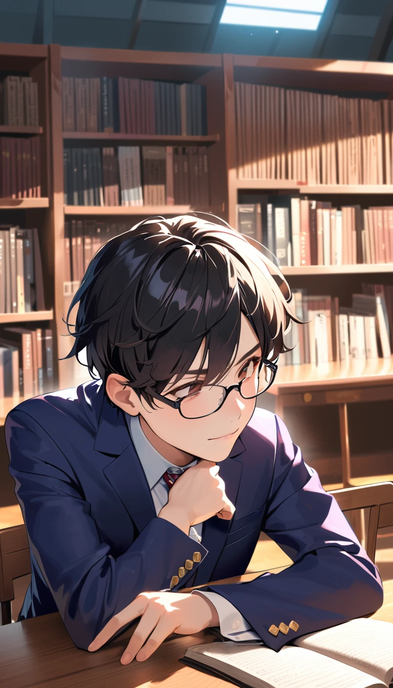 18 years old, a handsome boy, Black Hair, Short Hair,Glasses,Troubled smile, blazer, high school student,Introvert,In the library