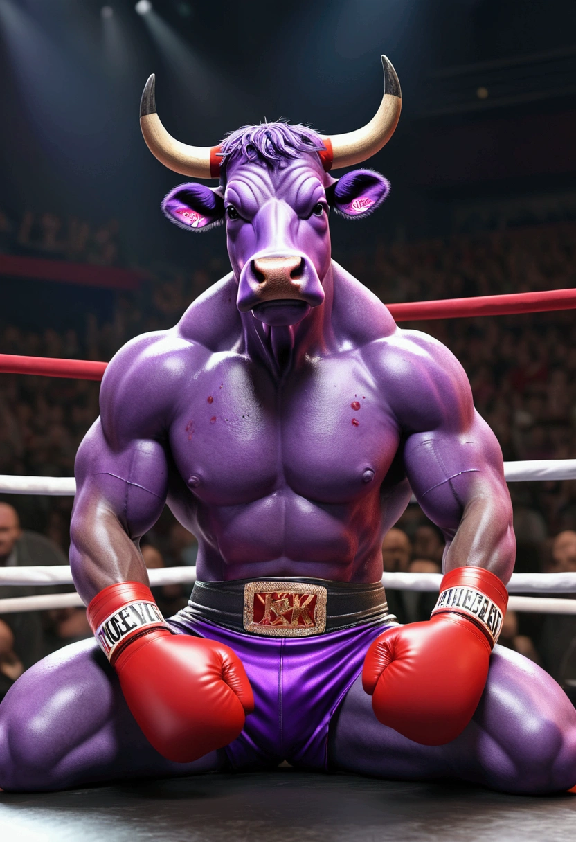 Generate a hyper-realistic, ultra-detailed 4k/Bk image of a muscular purple cow in red boxing gear laying down on the boxing stage with red wounds on its body. The crowd cheers enthusiastically in the background."