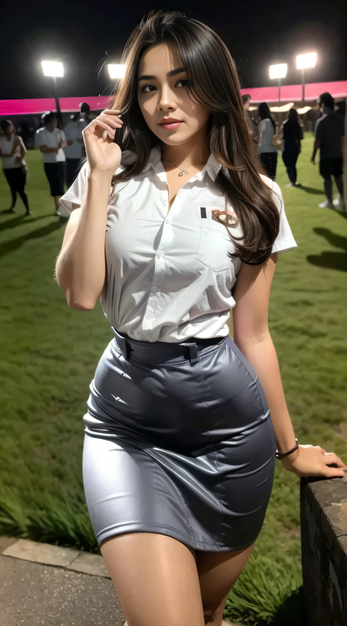 1girl, solo, sensual woman, (Indonesian_high_school), semi-curvy body, outdoors, night view, Metropolitan city scenery at the background, detailed face, detailed eyes, in the middle, unparalleled beauty, looking at the camera , medium breasts, fit body, slim, detailed skin, muscular abs, looking at the audience,wearing buttoned white shirt, wearing short skirt, (8k, RAW photo, best quality, masterpiece: 1.2), (realistic, realistic: 1.37), ultra-high resolution