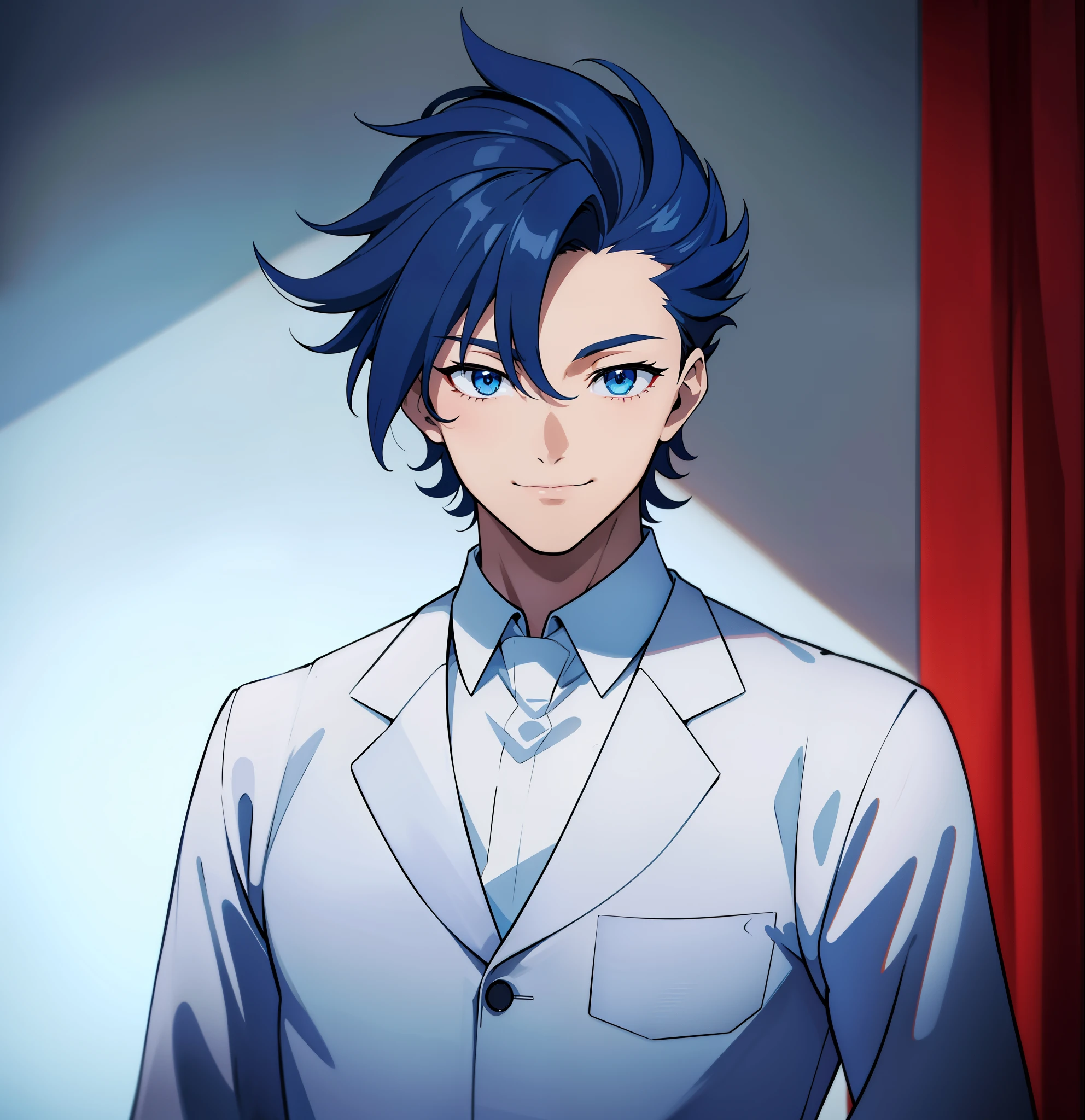anime boy, smiling, happy, holding glass, dark blue hair, blue eyes, red clothes, white shirt, (beautiful and aesthetic:1. 5), thick black lineart, clean lineart, perfect lineart, moody lighting, gritty, intense, sharp lineart, best quality, high quality, best quality, ultra-detailed, saturated colours, HD,