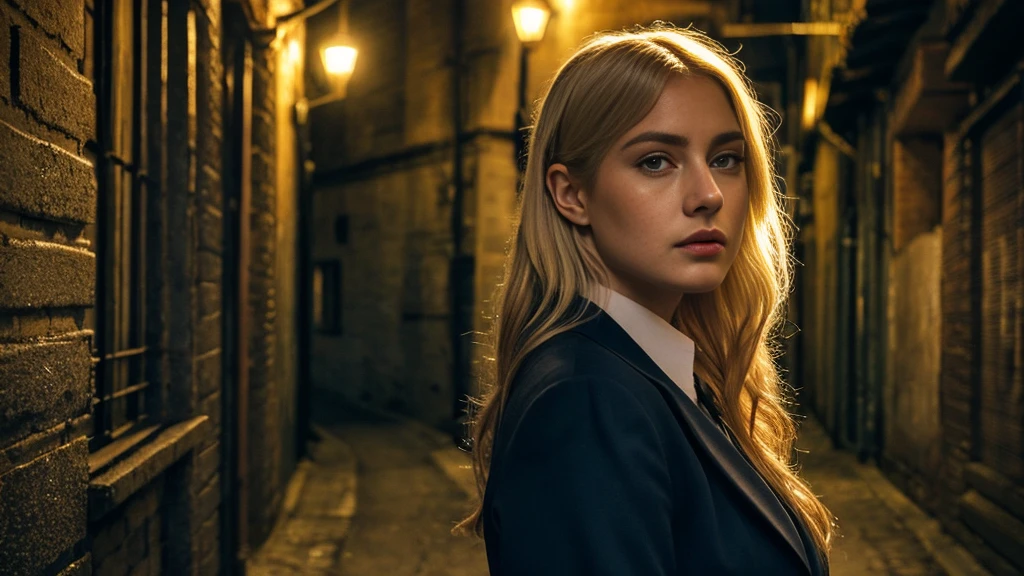 tatuados,Beautiful blonde with big breasts in a black suit、(Back tattoo、Many tattoos on both arms and neck)、 (Late night back alley、walk),Candlelight only,Very detailed, 21 years old, Innocent face, Wavy Hair, blue eyes, High resolution, masterpiece, Highest quality, Intricate details, Very detailed, Clear focus, Delicate skin, practical skin texture, texture, Delicate eyes, Professional, 4K, Sad face,despair、 Shot with Canon, 85mm, Shallow and deep,  Kodak Vision Color, Exactly, Very detailed, photograph_\(Extremist\), photographpractical, practical, Post-processing, Maximum details, Roughness, Real Life, Extremist practical, Photorealism, photographgraphy, 8K Ultra HD, photographgraphy