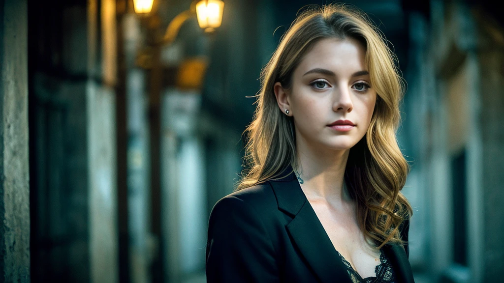 tatuados,Beautiful blonde with big breasts in a black suit、(Back tattoo、Many tattoos on both arms and neck)、 (Late night back alley、walk),Candlelight only,Very detailed, 21 years old, Innocent face, Wavy Hair, blue eyes, High resolution, masterpiece, Highest quality, Intricate details, Very detailed, Clear focus, Delicate skin, practical skin texture, texture, Delicate eyes, Professional, 4K, Sad face,despair、 Shot with Canon, 85mm, Shallow and deep, Kodak Vision Color, Exactly, Very detailed, photograph_\(Extremist\), photographpractical, practical, Post-processing, Maximum details, Roughness, Real Life, Extremist practical, Photorealism, photographgraphy, 8K Ultra HD, photographgraphy