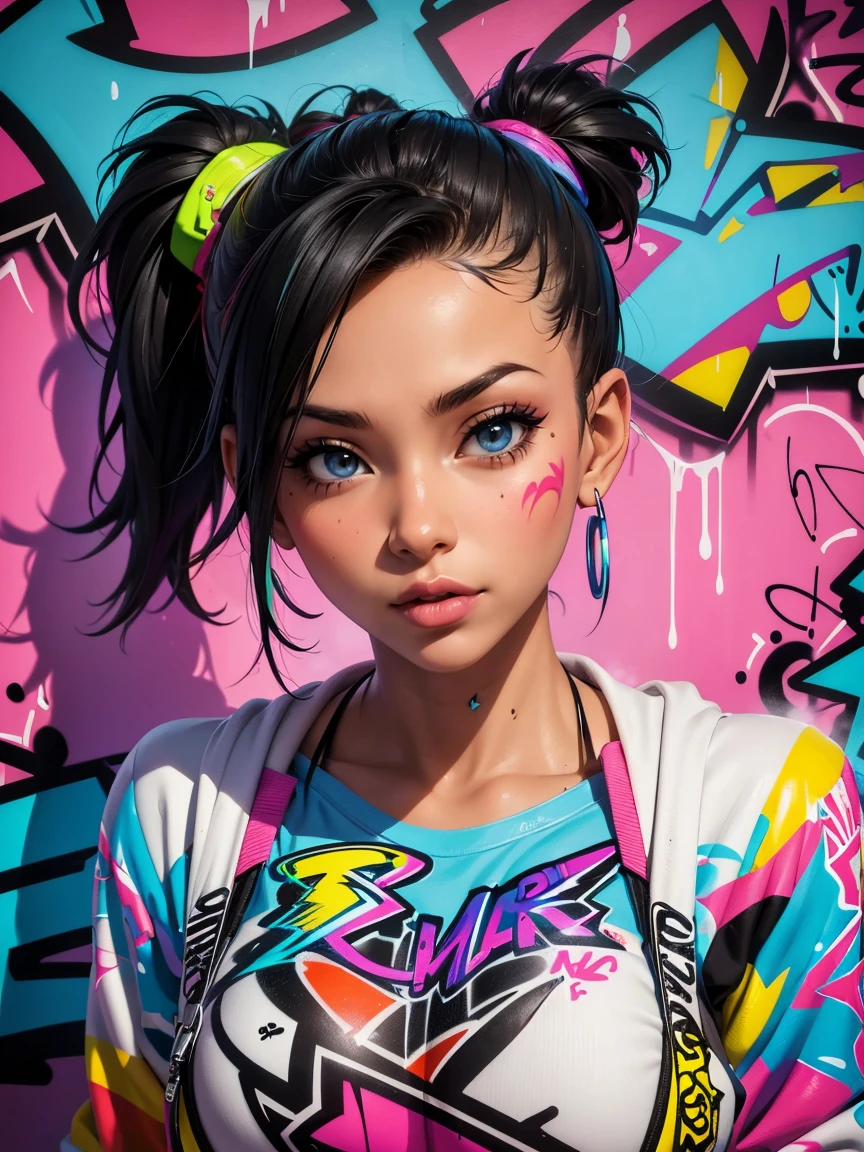 (best quality), (high detail), (vivid colors), (graffiti style), (freestyle), (Close up), (1girl), sexy female graffiti artist, spraying graffiti on a wall painted with street art, HDR, 4K, 3D, graffiti art style.