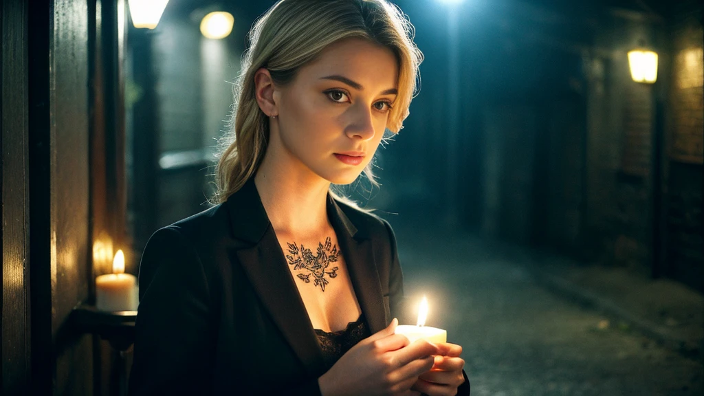 tatuados,Beautiful blonde with big breasts in a black suit、(Back tattoo、Many tattoos on both arms and neck)、 (Late night back alley、walk),Candlelight only,Very detailed, 21 years old, Innocent face, Wavy Hair, blue eyes, High resolution, masterpiece, Highest quality, Intricate details, Very detailed, Clear focus, Delicate skin, practical skin texture, texture, Delicate eyes, Professional, 4K, Sad face,despair、 Shot with Canon, 85mm, Shallow and deep,  Kodak Vision Color, Exactly, Very detailed, photograph_\(Extremist\), photographpractical, practical, Post-processing, Maximum details, Roughness, Real Life, Extremist practical, Photorealism, photographgraphy, 8K Ultra HD, photographgraphy