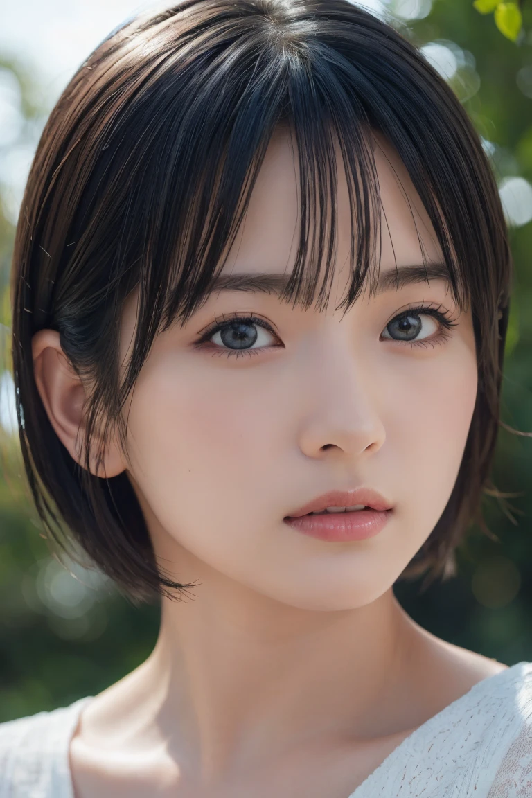 , Long winded [Blue-black:.3] hair,View your viewers, (masterpiece:1.3), (8k, Realistic, RAW Photos, Highest quality: 1.4), Japanese, (One girl), Beautiful Face, (Realistic Face), (black hair, short hair:1.3), beautiful hairstyle, Realistic eyes, Beautiful attention to detail, (Realistic Skin), Beautiful Skin, Charm, Ultra-high resolution, Ultra-realistic, Very detailed, Golden Ratio,