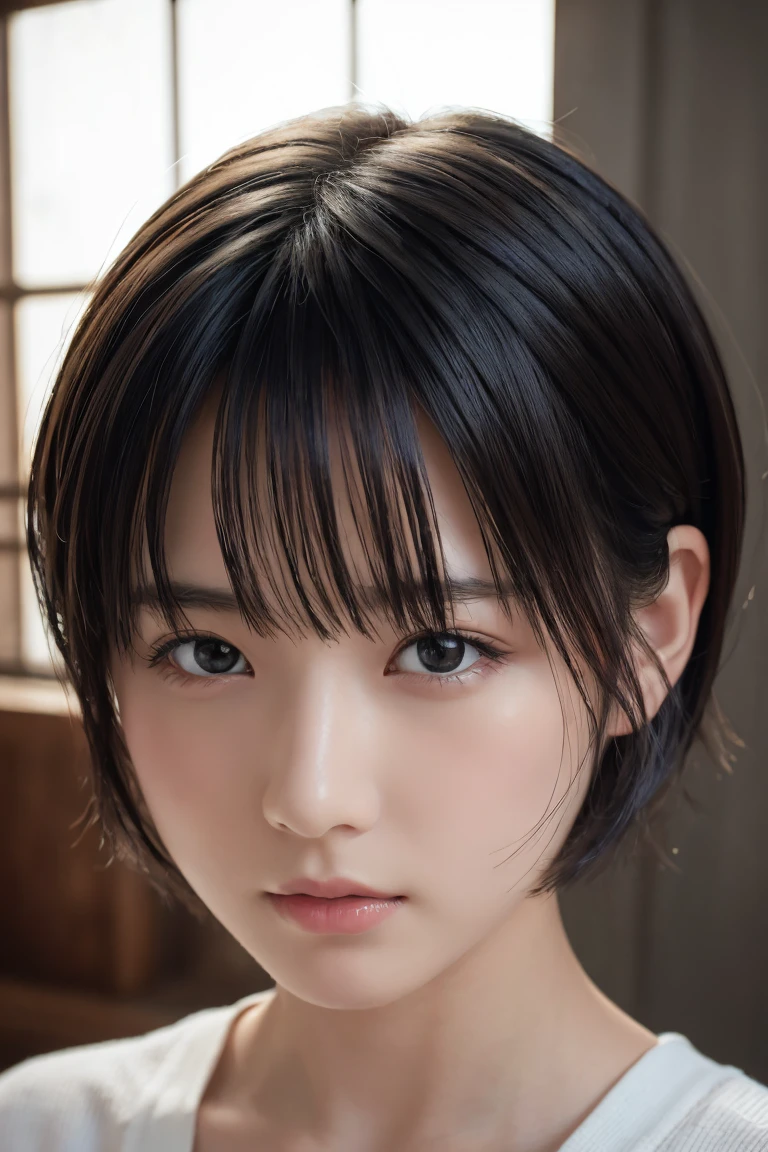 , Long winded [Blue-black:.3] hair,View your viewers, (masterpiece:1.3), (8k, Realistic, RAW Photos, Highest quality: 1.4), Japanese, (One girl), Beautiful Face, (Realistic Face), (black hair, short hair:1.3), beautiful hairstyle, Realistic eyes, Beautiful attention to detail, (Realistic Skin), Beautiful Skin, Charm, Ultra-high resolution, Ultra-realistic, Very detailed, Golden Ratio,