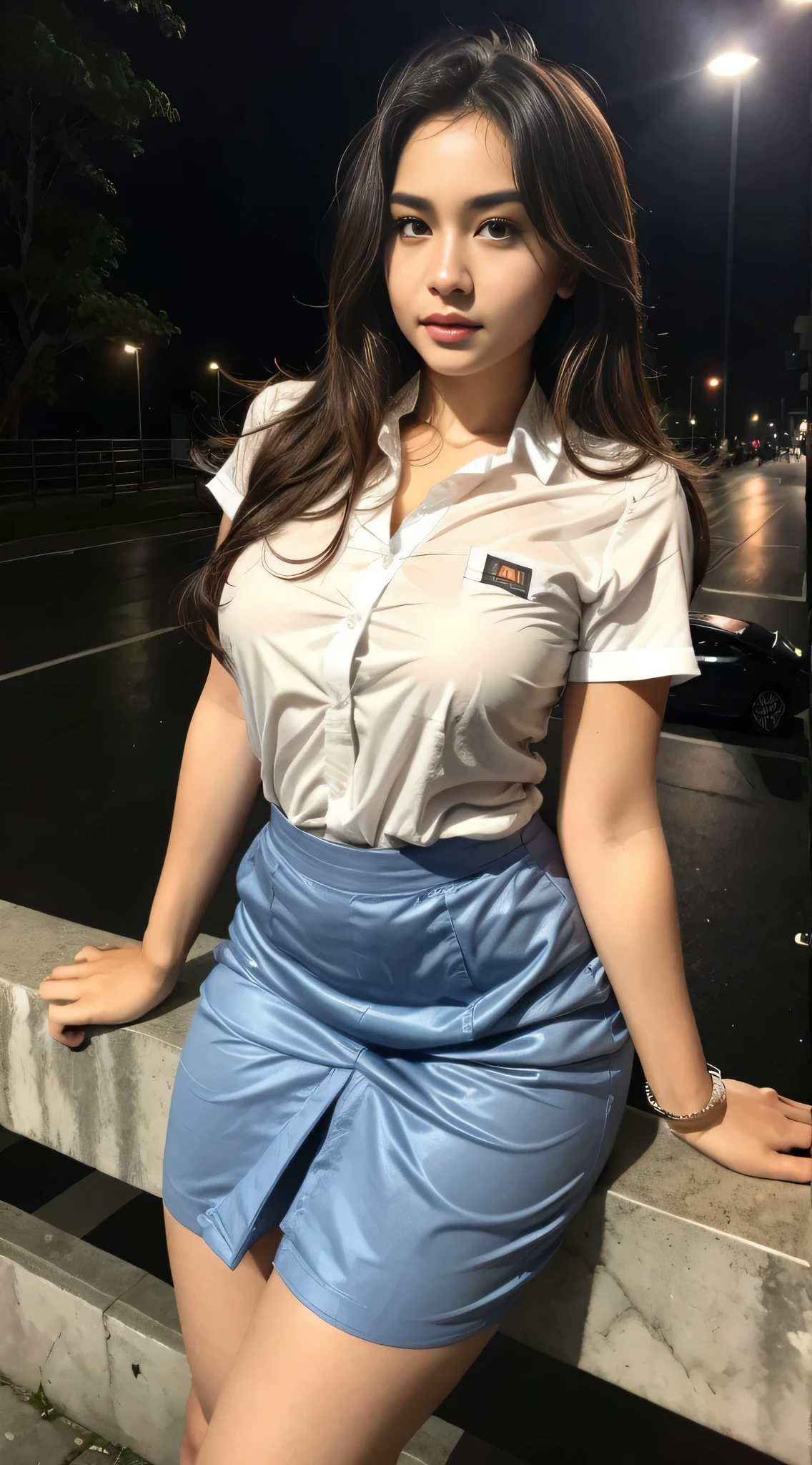 1girl, solo, sensual woman, (Indonesian_high_school), semi-curvy body, outdoors, night view, Metropolitan city scenery at the background, detailed face, detailed eyes, in the middle, unparalleled beauty, looking at the camera , medium breasts, fit body, slim, detailed skin, muscular abs, looking at the audience,wearing buttoned white shirt, wearing short skirt, (8k, RAW photo, best quality, masterpiece: 1.2), (realistic, realistic: 1.37), ultra-high resolution
