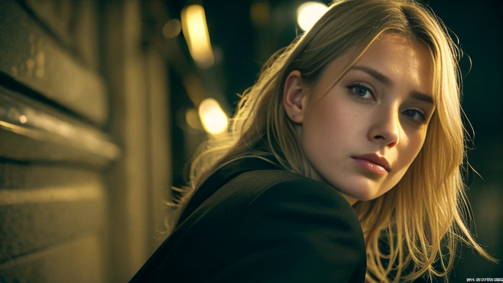 tatuados,Beautiful blonde with big breasts in a black suit、(Back tattoo、Many tattoos on both arms and neck)、 (Late night back alley、walk),Candlelight only,Very detailed, 21 years old, Innocent face, Wavy Hair, blue eyes, High resolution, masterpiece, Highest quality, Intricate details, Very detailed, Clear focus, Delicate skin, practical skin texture, texture, Delicate eyes, Professional, 4K, Sad face,despair、 Shot with Canon, 85mm, Shallow and deep, Kodak Vision Color, Exactly, Very detailed, photograph_\(Extremist\), photographpractical, practical, Post-processing, Maximum details, Roughness, Real Life, Extremist practical, Photorealism, photographgraphy, 8K Ultra HD, photographgraphy