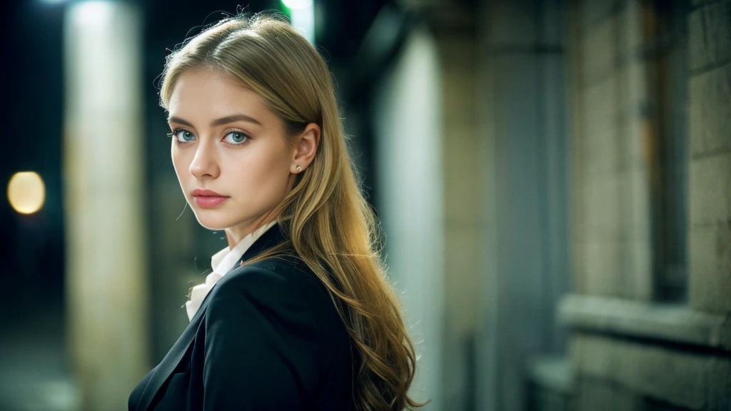 tatuados,Beautiful blonde with big breasts in a black suit、(Back tattoo、Many tattoos on both arms and neck)、 (Late night back alley、walk),Candlelight only,Very detailed, 21 years old, Innocent face, Wavy Hair, blue eyes, High resolution, masterpiece, Highest quality, Intricate details, Very detailed, Clear focus, Delicate skin, practical skin texture, texture, Delicate eyes, Professional, 4K, Sad face,despair、 Shot with Canon, 85mm, Shallow and deep, Kodak Vision Color, Exactly, Very detailed, photograph_\(Extremist\), photographpractical, practical, Post-processing, Maximum details, Roughness, Real Life, Extremist practical, Photorealism, photographgraphy, 8K Ultra HD, photographgraphy