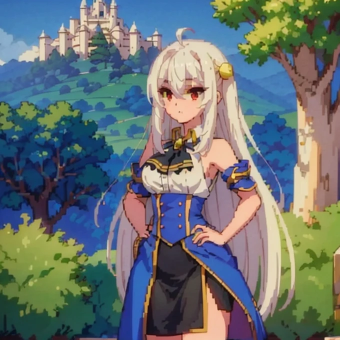 {ninym ralei}, beautiful girl, (White hair, Red eyes), It is leaning on the side of a tree, look at the kingdom from a hill, background of a kingdom with a beautiful red and white castle, fantasy sky, (sky of a magical world), {open world video game cover type image}, Pixel art style, pixel art: 1.1, high quality, the highest quality possible, 16k, ultra definition, 