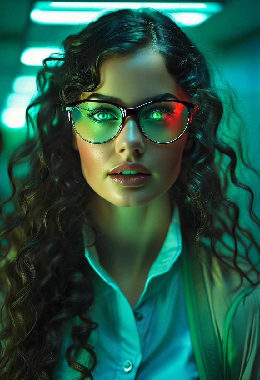 35mmm, sci-fi movie scene, a young woman with long black curly hair and light green eyes, wearing glasses,the woman is inside a school, the lighting is blue and light red, dark blue and dark green