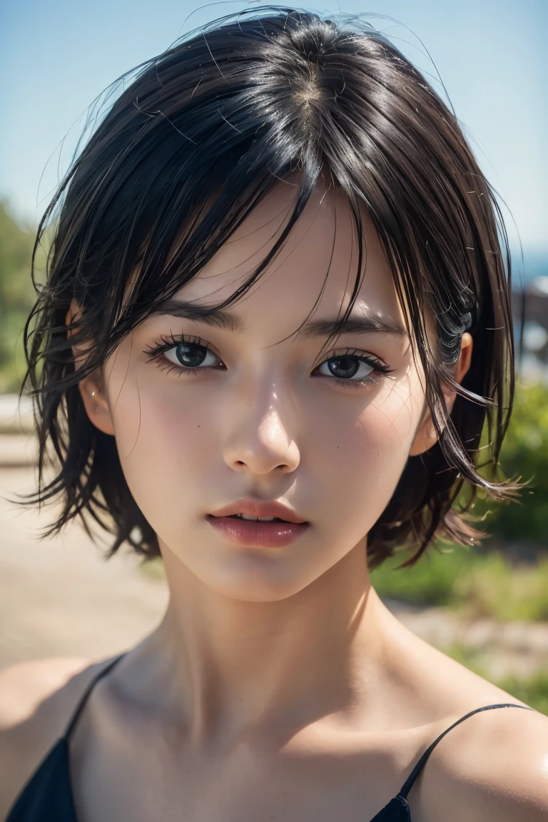 Chubby Japanese woman's upper body figure full body picture of The most beautiful 25 years old women to exist, black hair, dark eyes, ultra high resolution photo of a beautiful woman, short dress, detailed skin, iris detail, detailed fabric, peach fuzz, eyebags, detailed natural thin lips, hair shadows, dust, unedited thin lips, 8k photography, unedited skin, thin lips, clear skin, healing cuts, thin facial hair, model, hyper detailed eyes, subtle imperfections, macro hair detail, sharp focus, front facing face, looking straight forward, perfectly symmetrical face, head downcast, extreme photorealism perfect detail morning light photographic portrait, - --s 750