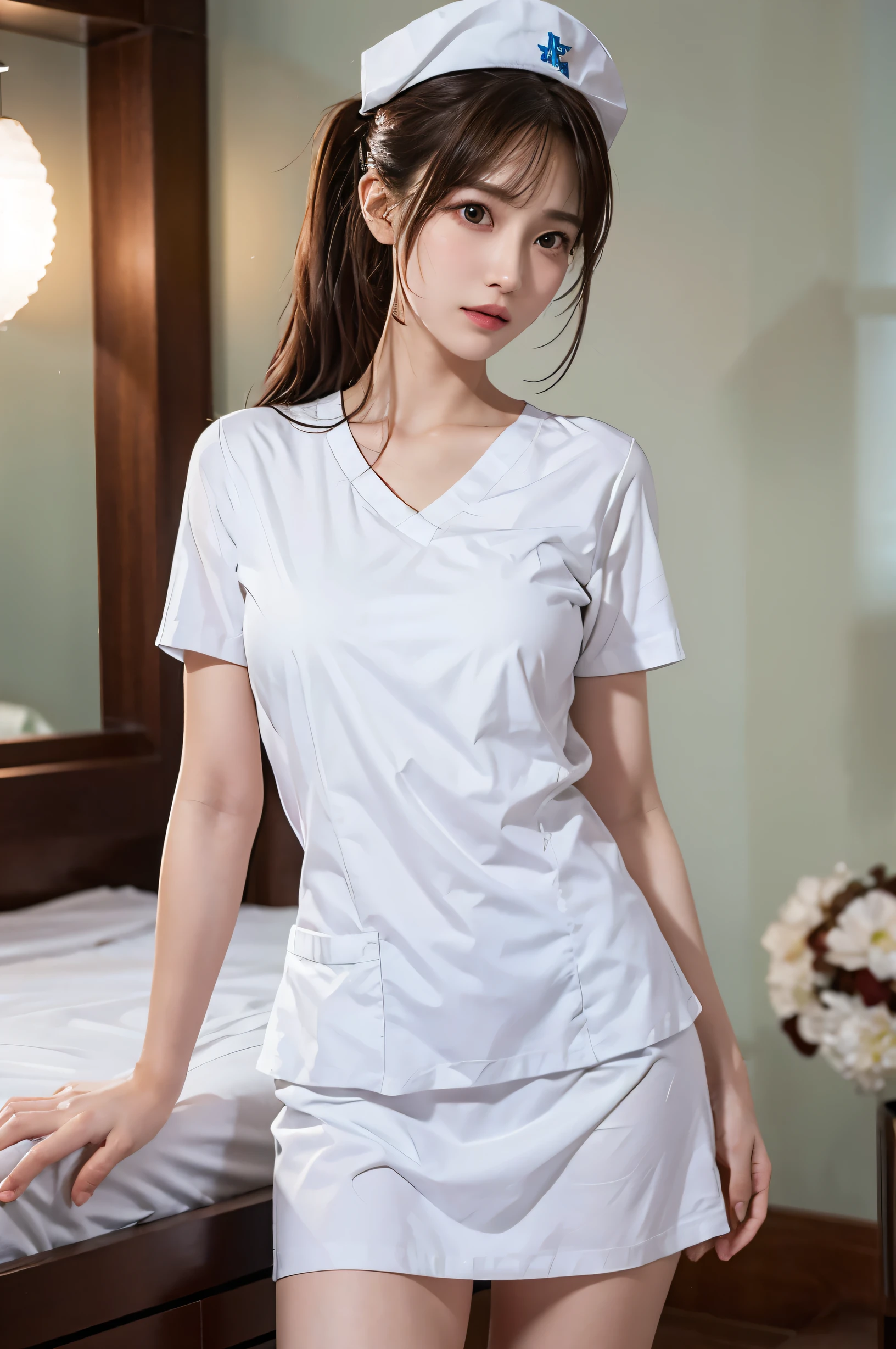 (Ultra HD), (White short sleeve nurse uniform:1.6, Nurse cap:1.2), Big Breasts, slender, whole body, Standing posture, (Clean and shiny skin, Whitening, No makeup), (Super slim face, Super beautiful face), (Light Brown Ponytail, Layered Cut, Fluffy hair), (double eyelid, Slanted Eyes), Small Nose, Thin lips, Thin legs, hospital